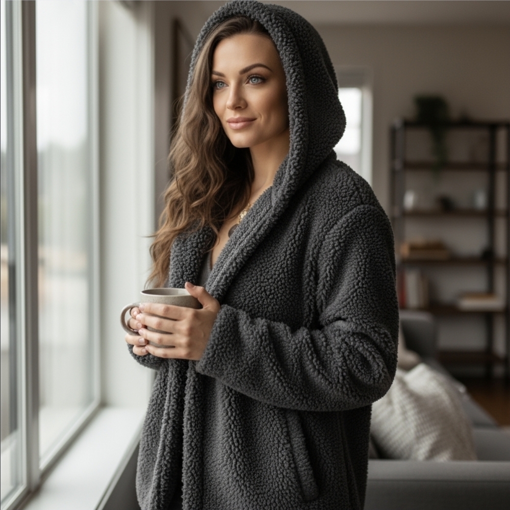 PINK Victoria’s Secret ✦ Sherpa Hooded Cardigan ✦ Dark Grey Oversized Cozy XS